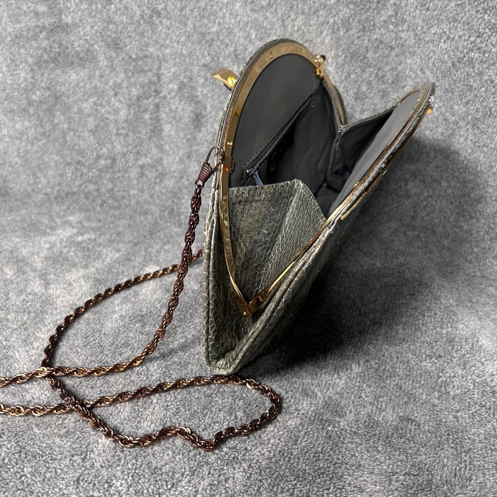 Ashneil 70s Disco Snakeskin Evening Bag Gray Gold Frame Rope Chain Purse w Pouch - Picture 7 of 16